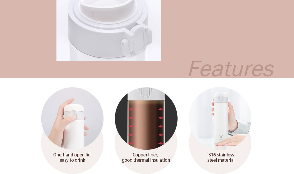 Xiaomi Viomi Vacuum Cup 316 Stainless Steel 24 Hours Vacuum Flask Water Bottle 460ml Single Hand On/Close - Gold