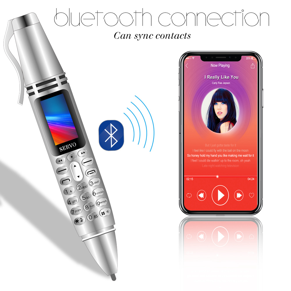 SERVO K07 0.96 Inch Mini Card Phone Bluetooth Dialer Recording Pen Handwriting Pen Flashlight Camera Dual SIM 300mAh - Silver