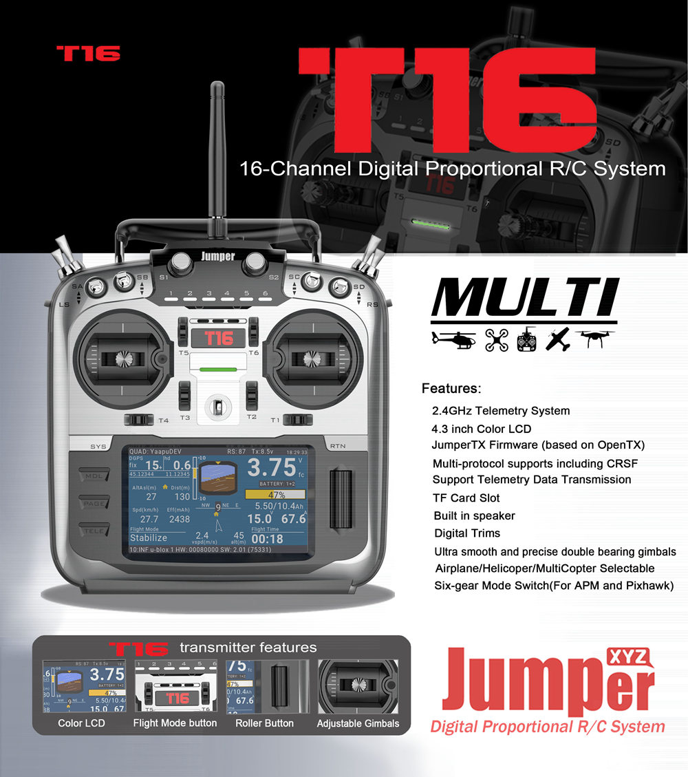 Jumper T16 2.4G 16CH 4.3Inch Color Display Multi-protocol Open Source Transmitter Compatible OpenTX Firmware - Mode 2