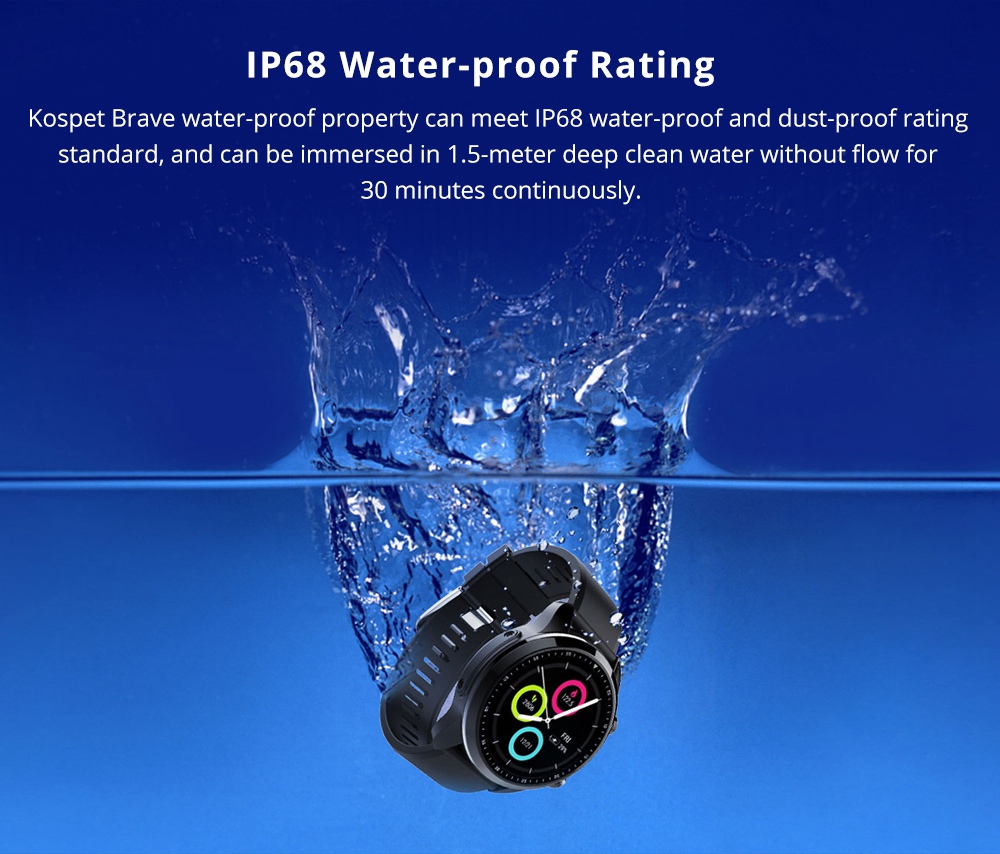 KOSPET Brave 4G Smartwatch Phone Android 6.0 MTK6737 Quad Core 2G RAM 16G ROM 1.3 Inch Touch Screen IP68 Heart Rate Monitor - Black