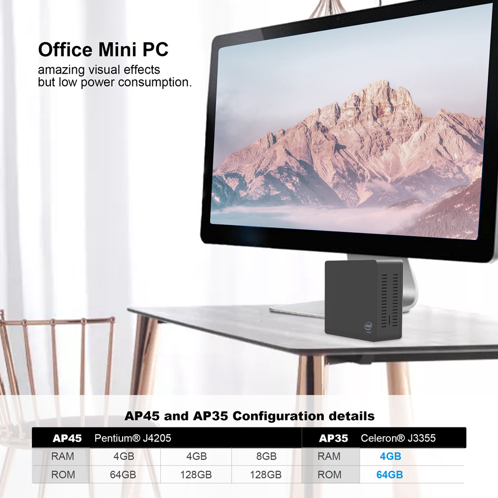 AP35 Intel Apollo Lake J3355 4GB RAM 64GB SSD Windows 10 Mini PC Dual Band WiFi Bluetooth Gigabit LAN HDMI x 2