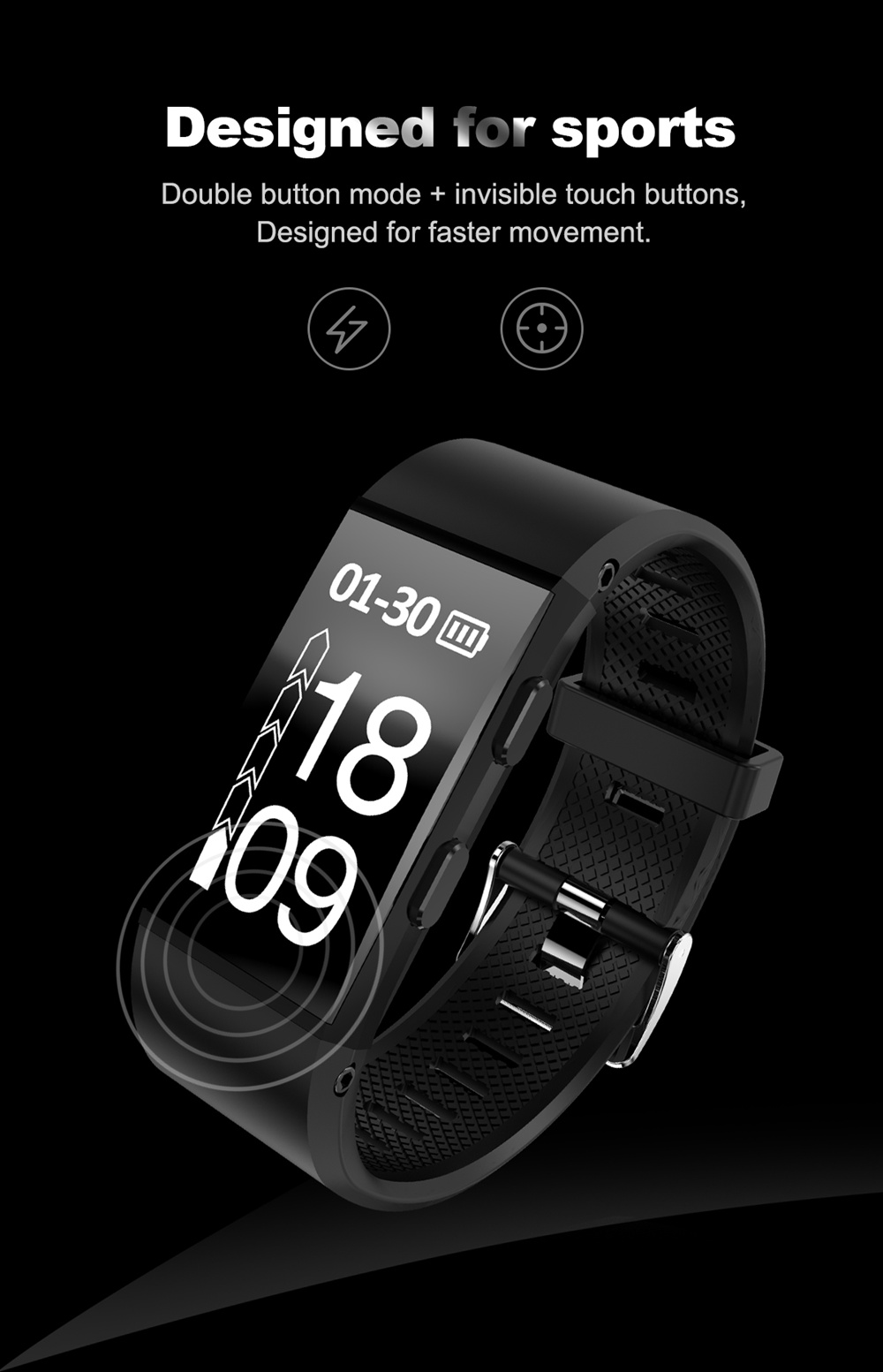 Makibes GT11 Smart Bracelet 0.96 Inch OLED Screen IP67 Built-in GPS Heart Rate Monitor Multi-sport Mode - Black