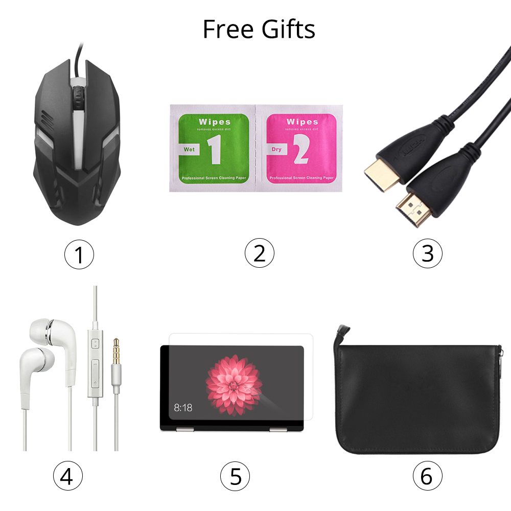 One Netbook One Mix 2S Yoga Pocket Laptop Intel Core M3-8100Y Dual Core (Silver) + Wipes + HDMI Male to Male Cable + Wired Mouse + In-ear Headphone + Protective Film + PU Protective Case + Stylus Pen