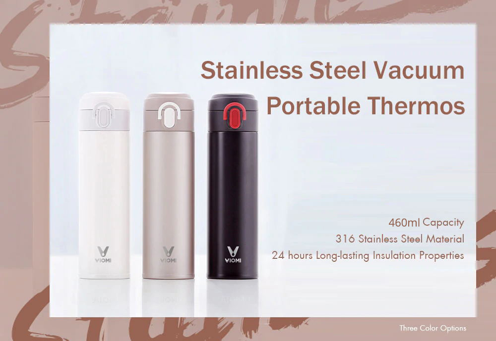 Xiaomi Viomi Vacuum Cup 316 Stainless Steel 24 Hours Vacuum Flask Water Bottle 460ml Single Hand On/Close - Black