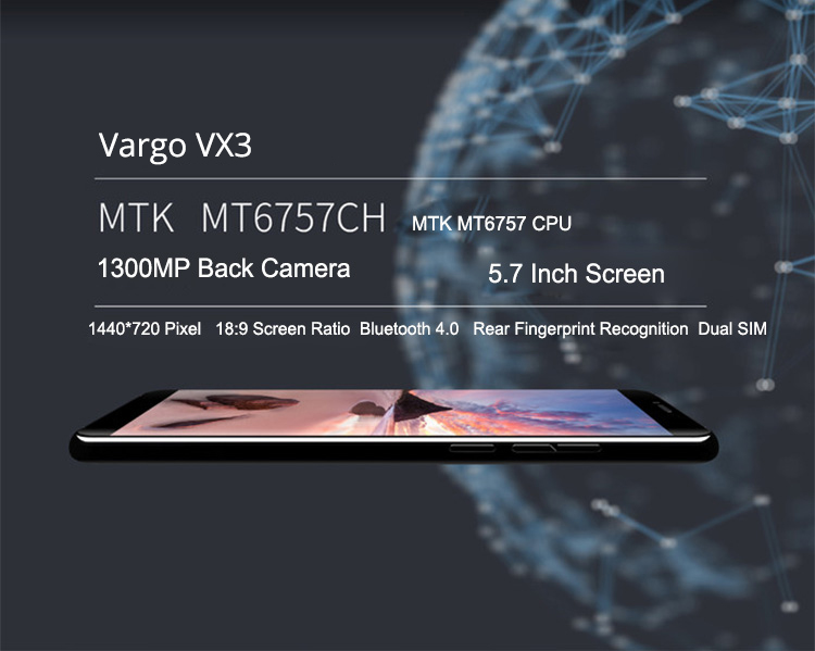 Vargo VX3 5.7 Inch 4G LTE Smartphone MTK6757 6GB 128GB Dual 13.0MP Rear Cameras Android 7.1 Type-C Touch ID - Blue