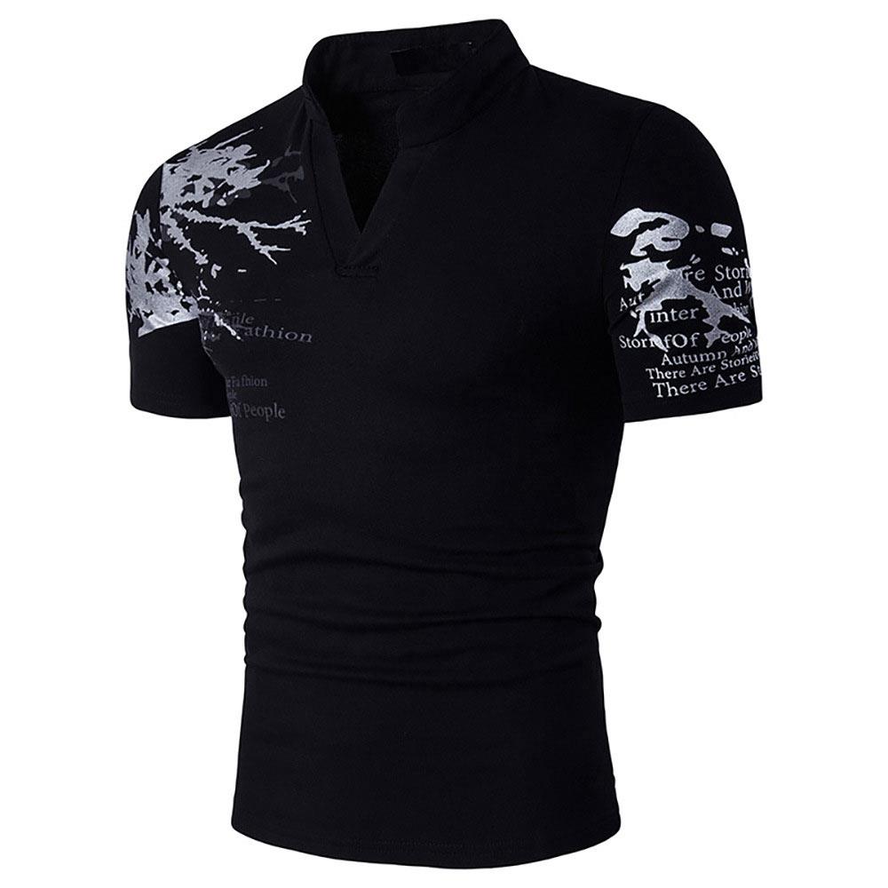 B69 Men 3D Printed V Neck Polo Shirt Short Sleeve Tops T-shirts Size XXL - Black