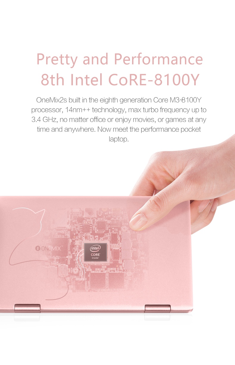 One Netbook One Mix 2S Yoga Pocket Laptop Intel Core M3-8100Y Dual Core Touch ID 7" IPS Screen 1920*1200 Windows 10 8GB DDR3 256GB PCI-E SSD - Pink