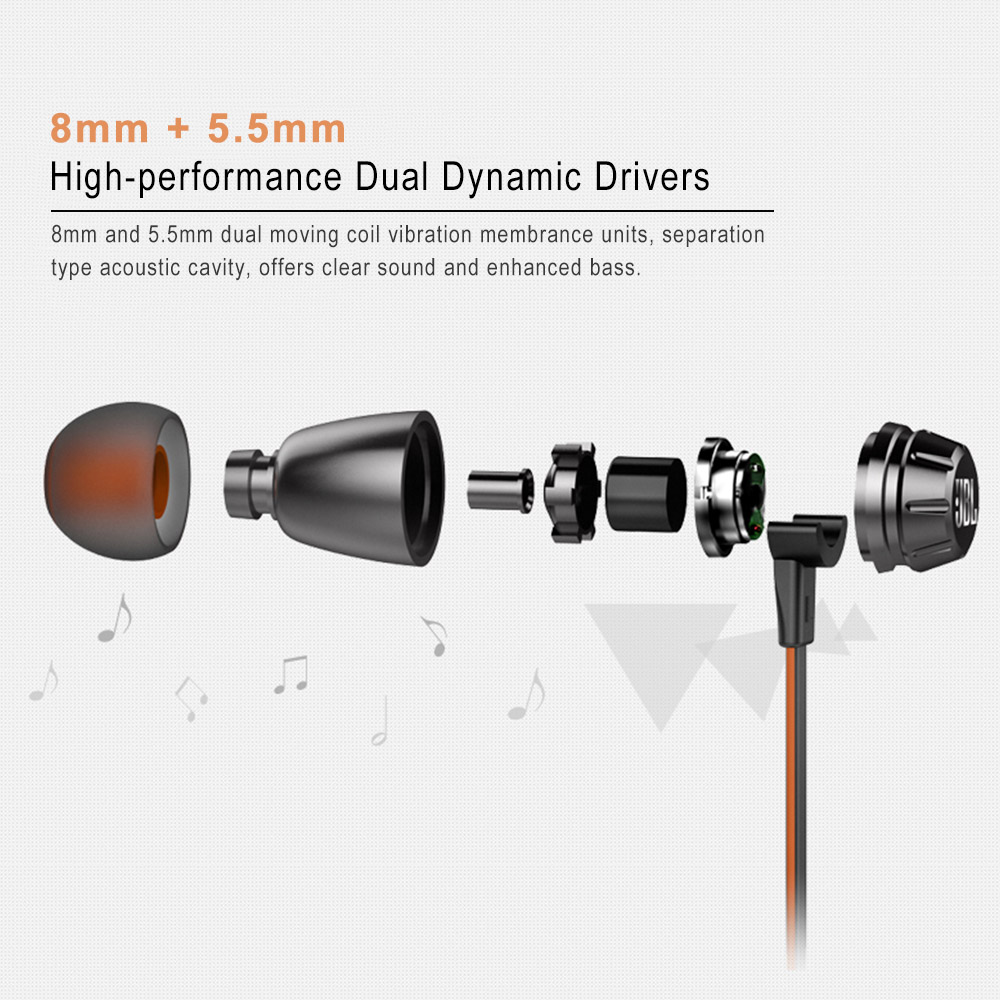 JBL T380A In-Ear Wired Earphones Dual Dynamic Drivers - Black