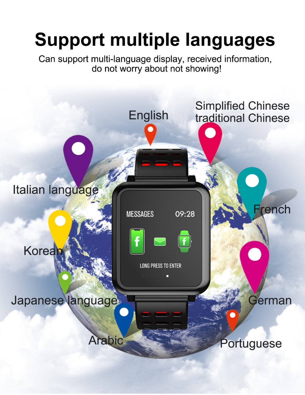 Makibes T2 Smart Watch 1.3 Inch IPS Screen Heart Rate Blood Pressure Monitor IP67 Multi Sports Modes - Red