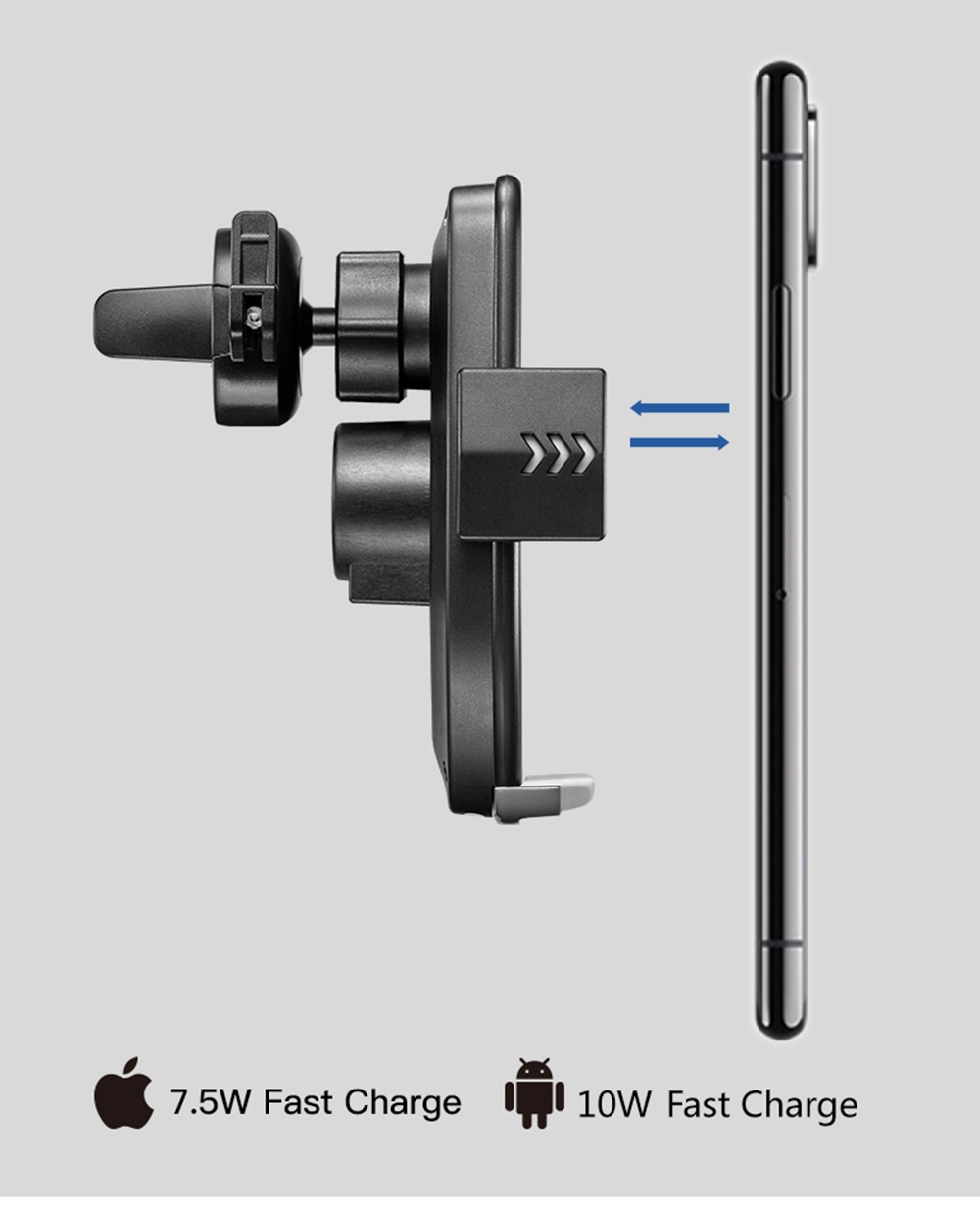 Smart Wireless Car Charger Holder QC3.0 Fast Charging Air Outlet Mount - Black