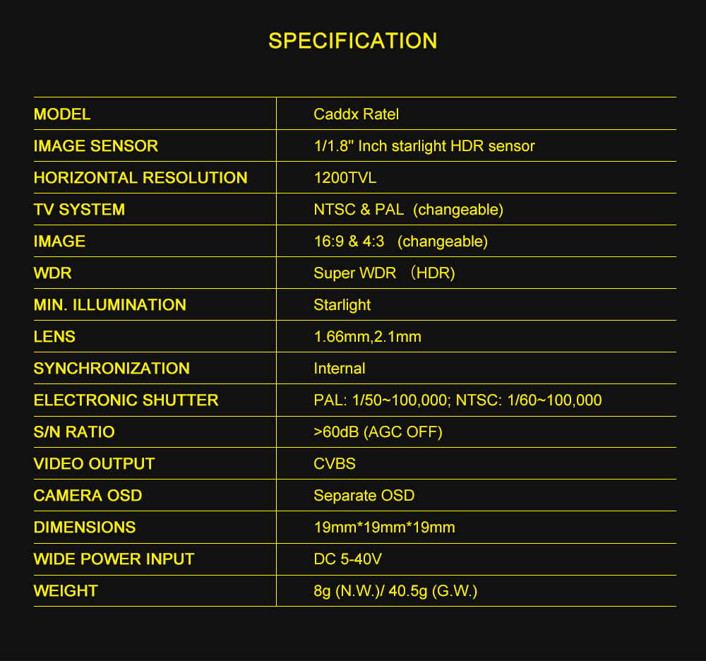Caddx Ratel Starlight HDR OSD 1/1.8" 1.66mm Lens 1200TVL FPV Camera For Racing Drone - Yellow