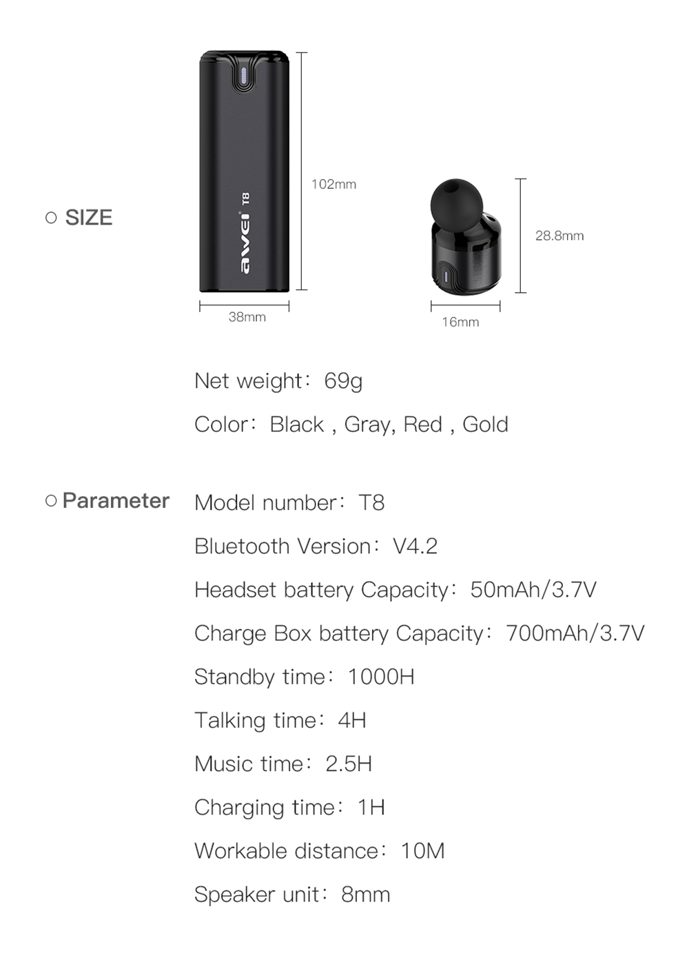 Awei T8 TWS Bluetooth 4.2 3D Stereo Wireless In-Ear Earphones Charging Box 700 mAh - Red