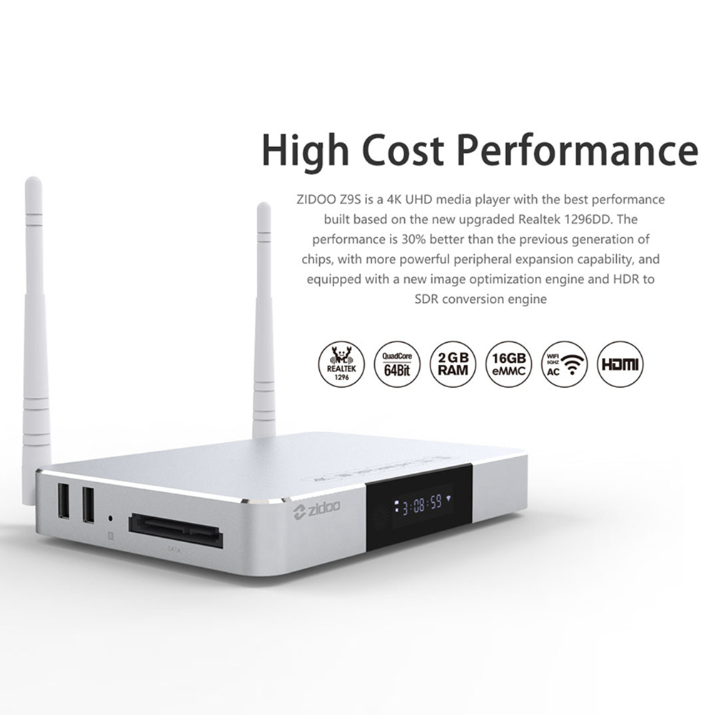 ZIDOO Z9S Realtek RTD1296 Android  2GB/16GB Blue-ray Navigation 4K UH TV Box  Dual Band WIFI Gigabit LAN SATA 3.0 USB 3.0 Bluetooth