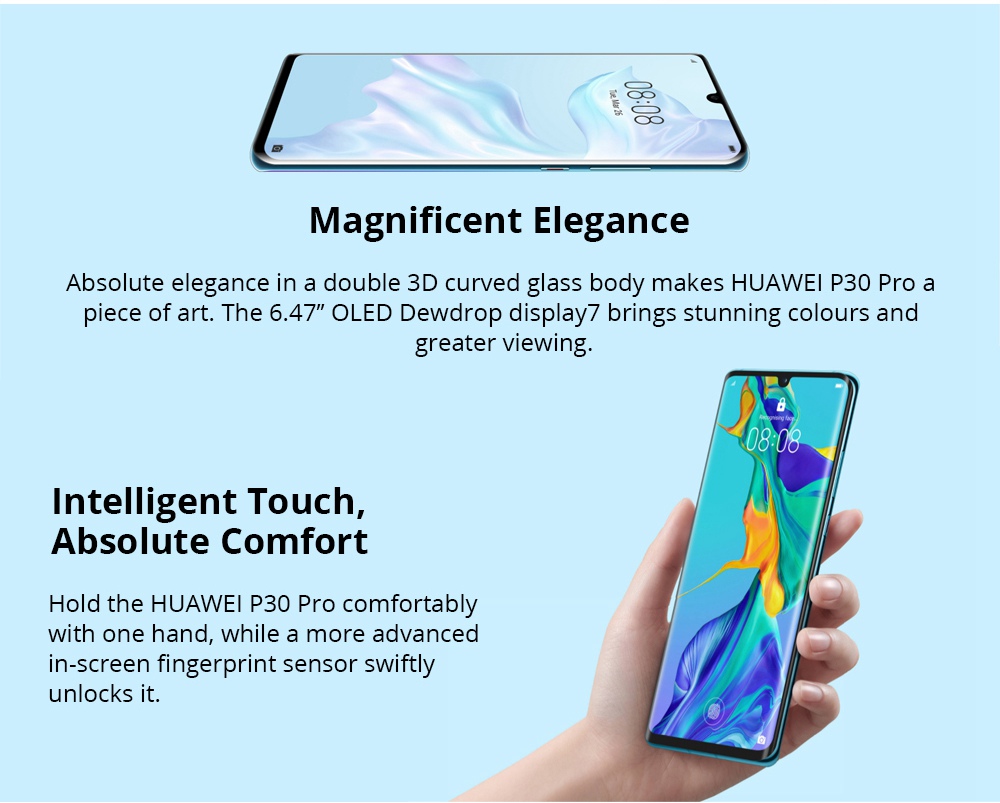 HUAWEI P30 Pro 6.47 Inch 4G LTE Smartphone Kirin 980 8GB 128GB 40.0MP+20.0MP+8.0MP+TOF Quad Rear Cameras Android 9.0 NFC In-display Fingerprint Wireless Charge - Black