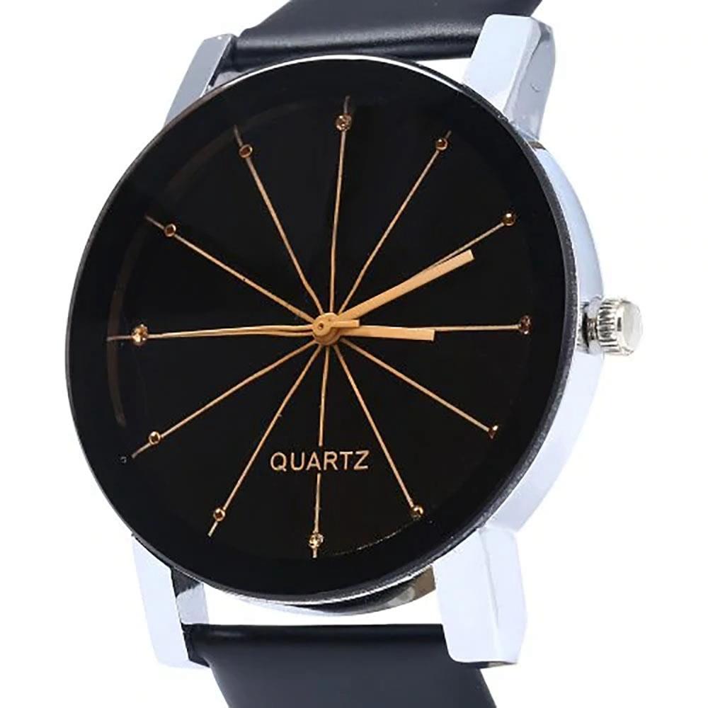 Men Leather Analog Quartz Watch - Black