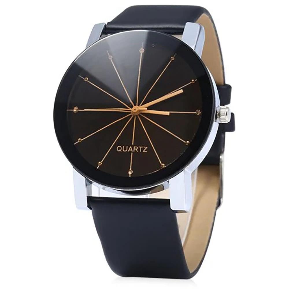 Men Leather Analog Quartz Watch - Black