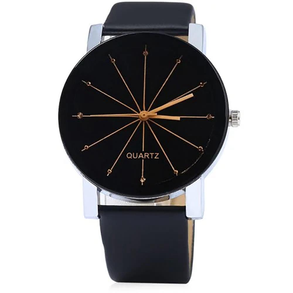 Men Leather Analog Quartz Watch - Black