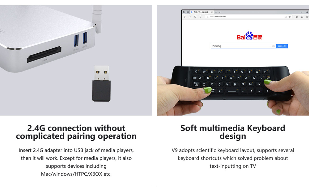 ZIDOO V9 2.4G Wireless Air mouse Keyboard with Six-axis Gyroscope LED Indicator