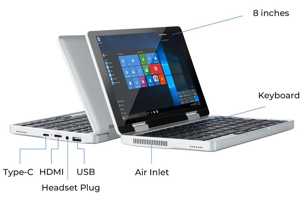 Topjoy Falcon 8-Inch Mini Laptop Intel&reg; Pentium&reg; Silver N5000 Quad-core IPS Screen 1920*1200 8GB RAM 256GB SSD Windows 10 - Silver