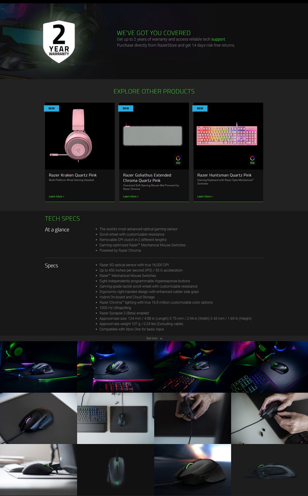 Razer Basilisk Wired Mouse Chroma Enabled RGB FPS 16000 DPI Customizable Scroll Wheel Resistance Gaming - Quartz Pink