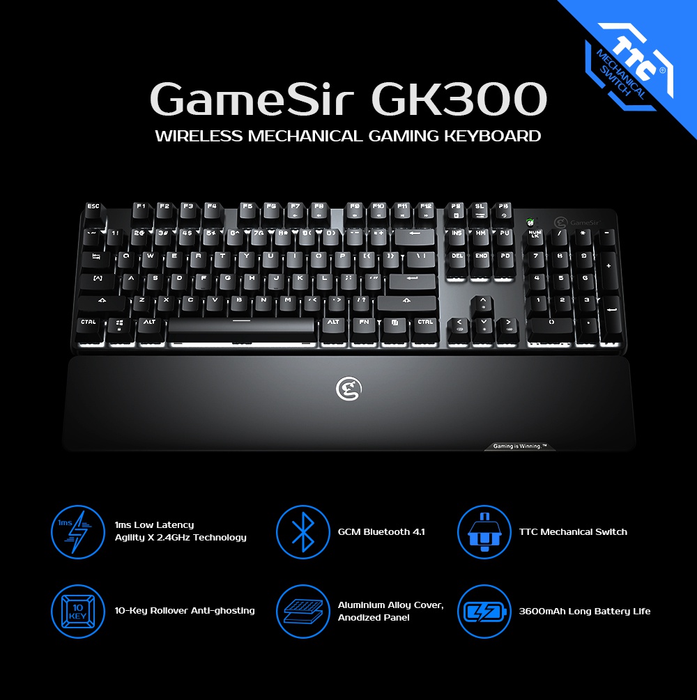 GameSir GK300 Wireless Bluetooth/2.4G Mechanical Gaming Keyboard TTC Blue Switch - Gray