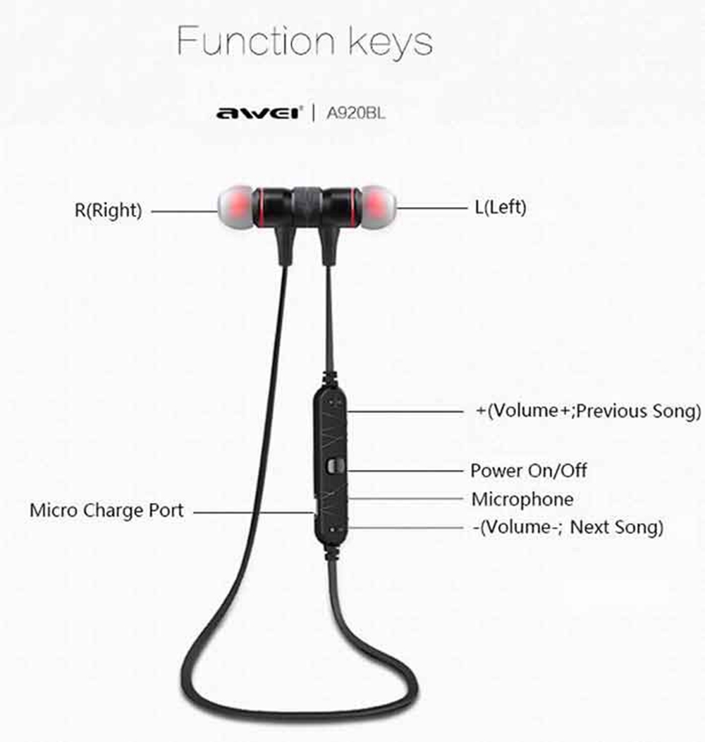 AWEI A920BL Bluetooth Earphones Magnetic CVC6.0 Noise Reduction - Red