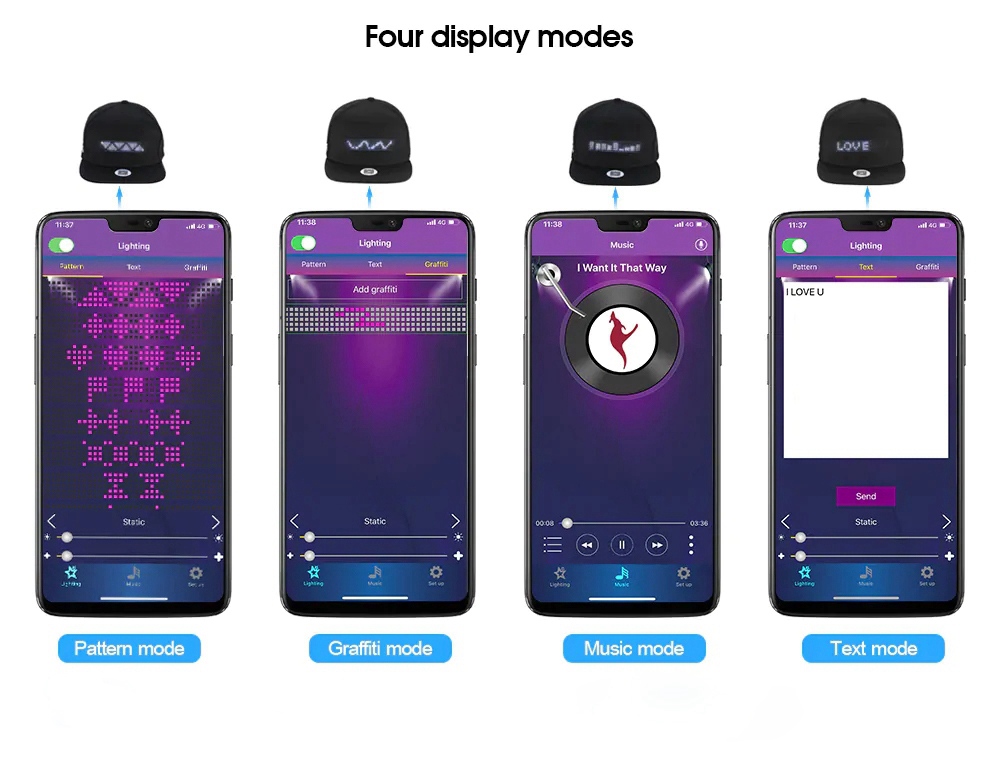 Unisex Sports Cap Mobile App Control Hat with LED Screen - Black