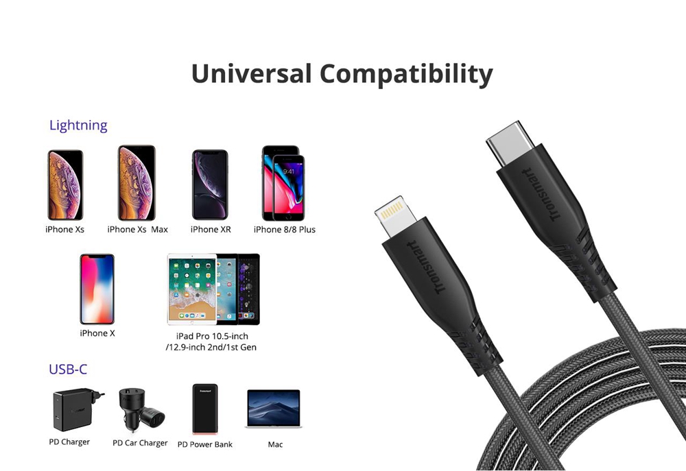Tronsmart LCC05 Apple MFi 6.6ft/2m USB-C to Lightning Cable Power Delivery Fast Charging for iPhone,iPad-Black