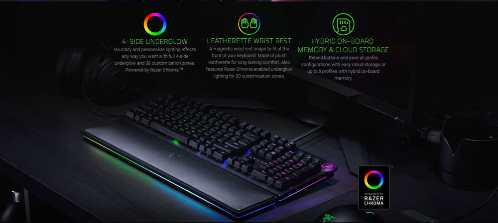 Razer Huntsman Elite Gaming Keyboard RGB Backlight Opto-Mechanical Switches With Leatherette Wrist Rest - Black
