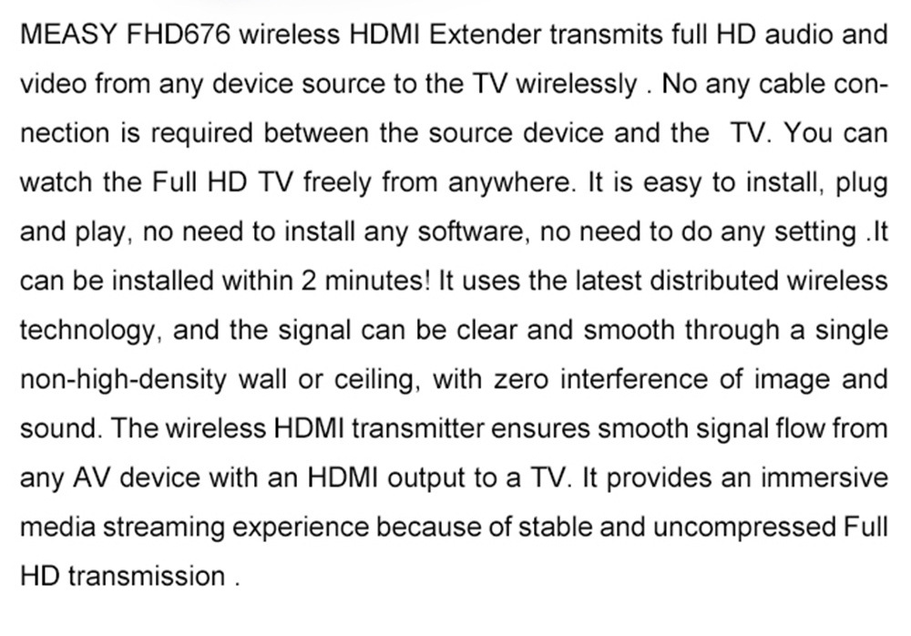Measy FHD676 Wireless HDMI Extender 1080P 3D HDMI1.4 up to 200M/660FT