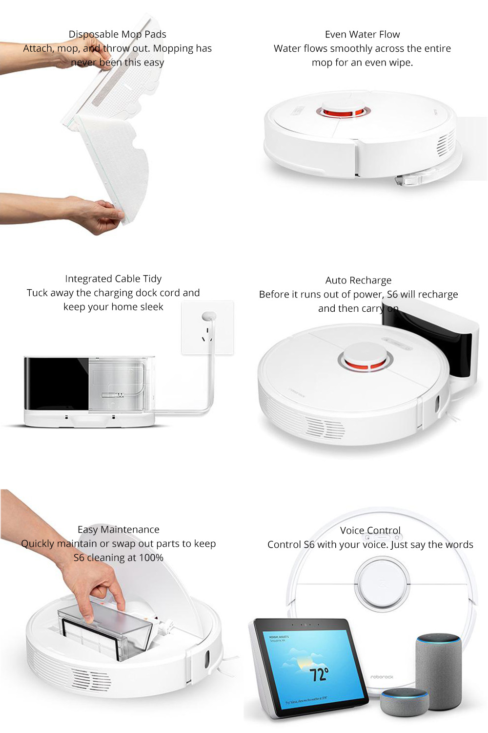 Roborock S6 Robot Vacuum Cleaner APP Virtual Wall 2000Pa Suction LDS Lidar Scanning 5200mAh Global Version - White