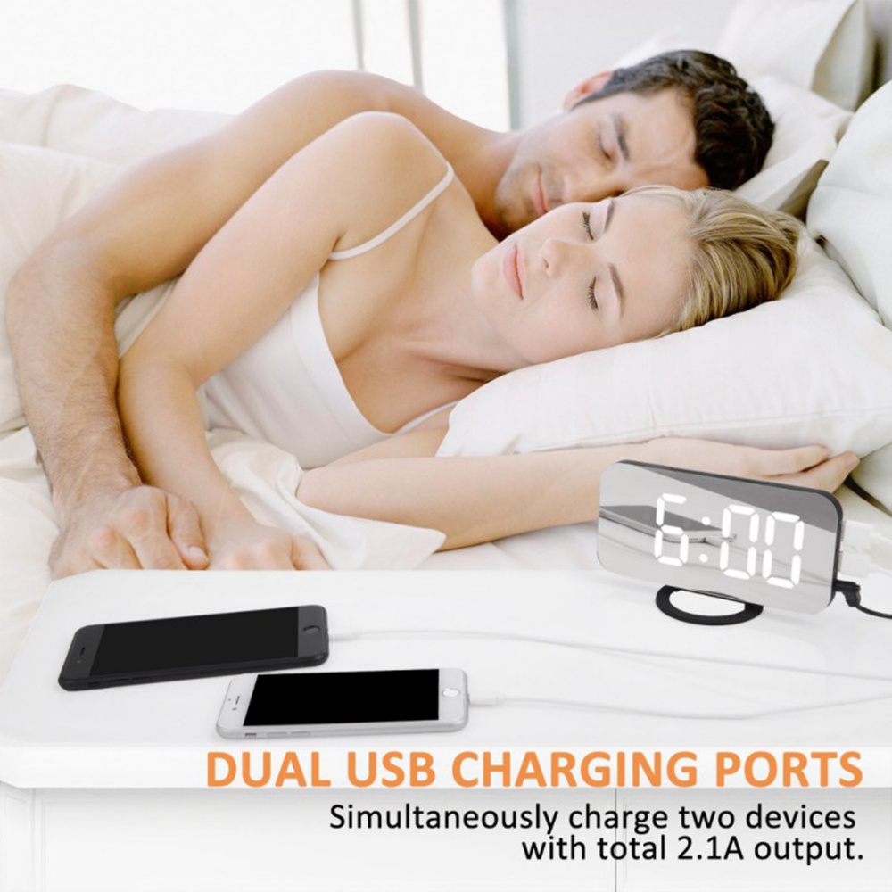 Mirror Electronic Digital 6.5" Screen Alarm Clock With Dimmer Snooze Function - White