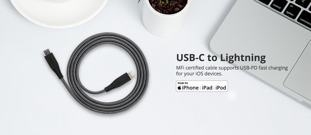 Tronsmart LCC05 Apple MFi 6.6ft/2m USB-C to Lightning Cable Power Delivery Fast Charging for iPhone,iPad-Black