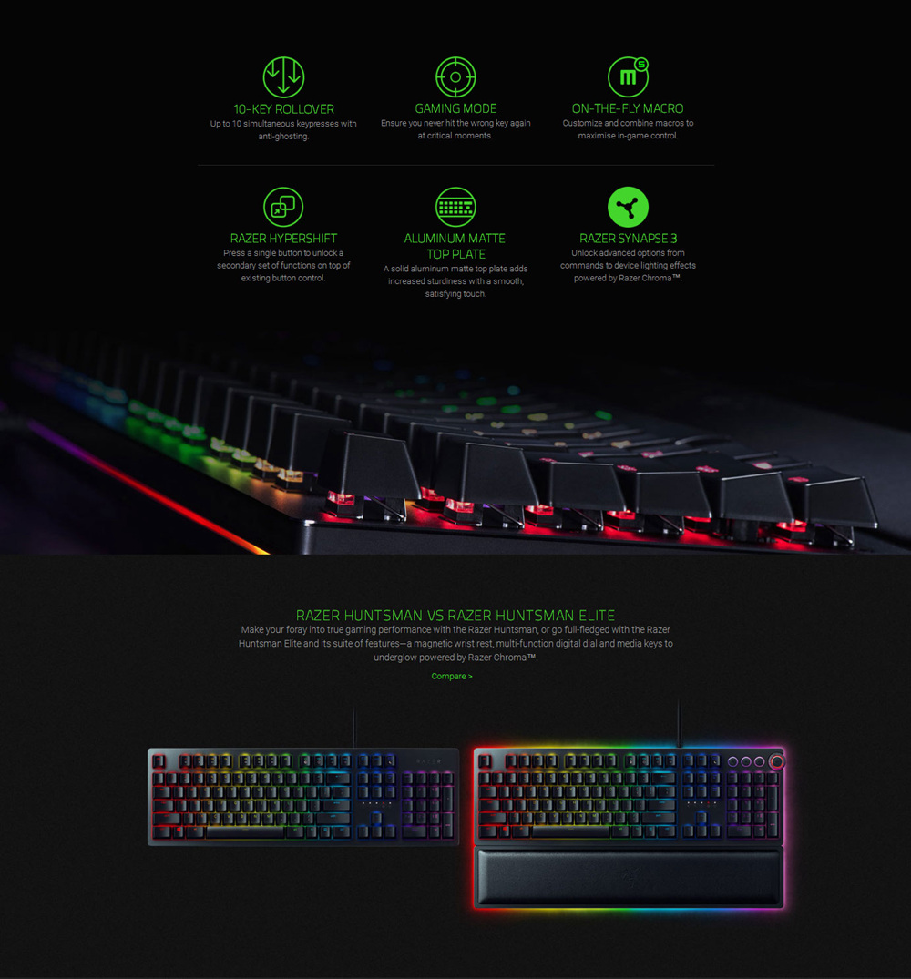 Razer Huntsman Elite Gaming Keyboard RGB Backlight Opto-Mechanical Switches With Leatherette Wrist Rest - Black
