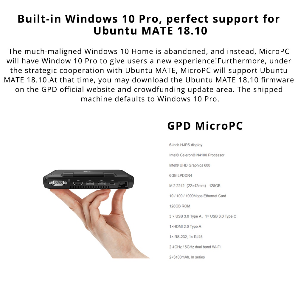 GPD MicroPC Gamepad Handheld Laptop Intel Celeron N4100 Quad Core 6 Inches 8GB RAM 128GB SSD Windows 10 Pro - Black