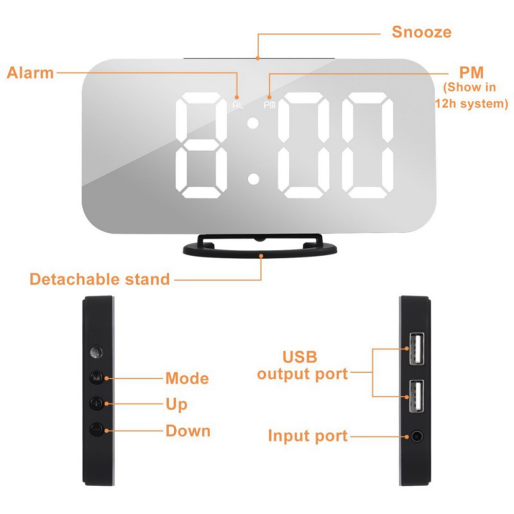 Mirror Electronic Digital 6.5" Screen Alarm Clock With Dimmer Snooze Function - White