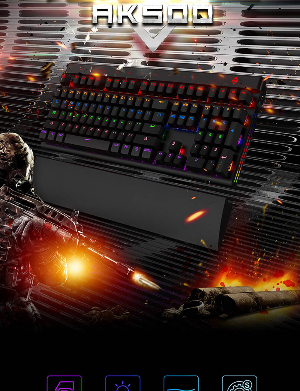 Ajazz AK500 Backlit USB Wired 108Key Large Palm Rest Touch Panel Blue Switch Mechanical Gaming Keyboard - White