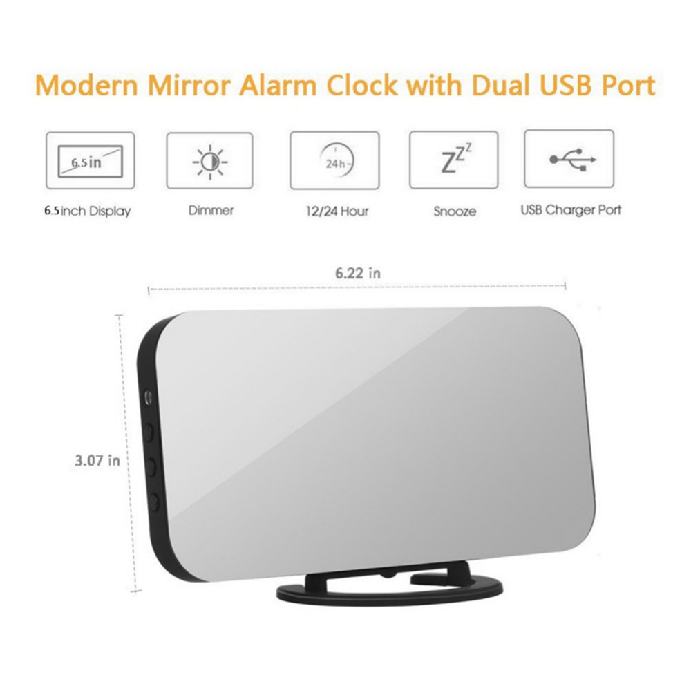 Mirror Electronic Digital 6.5" Screen Alarm Clock With Dimmer Snooze Function - White