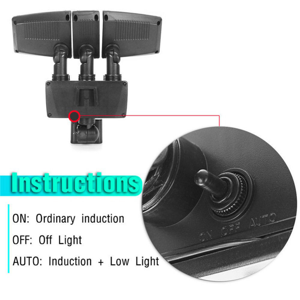 178 LED Triple Head Solar Powered PIR Motion Sensor Activated Flood Light Water Resistant Solar Lamp - Black