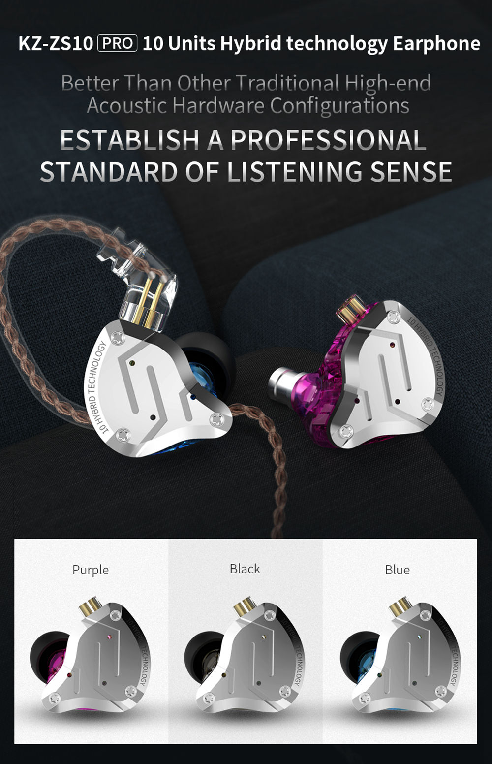 KZ ZS10 Pro Wired Metal Earphone with Mic Hybrid 10 Units HIFI Bass In-Ear Sports Noise Cancelling-Black