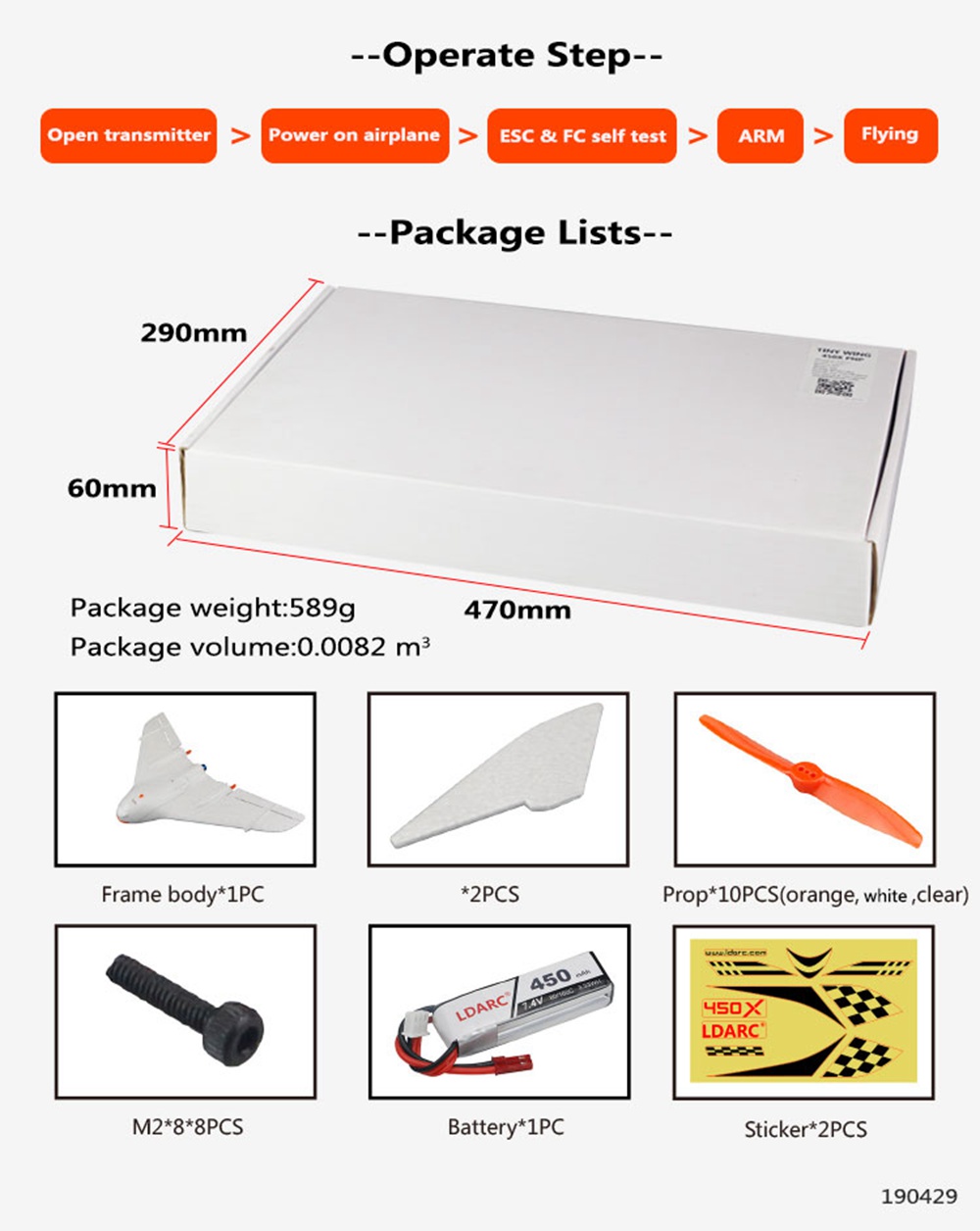 LDARC Tiny Wing 450X 2S 431mm Wingspan EPP FPV Racing Flywing RC Airplane PNP