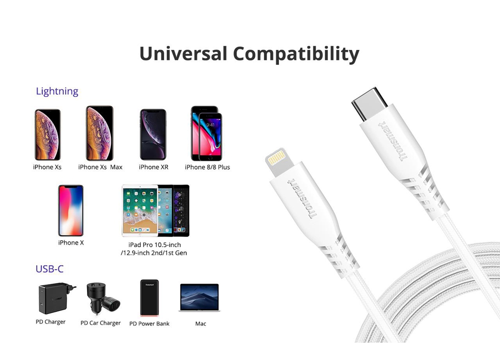 Tronsmart  LCC06 USB C to Lightning Cable [4ft Apple MFi Certified] for iPhone X/XS/XR/XS Max / 8/8 Plus, Supports Power Delivery
