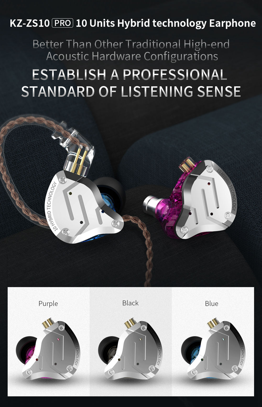 Kz Zs10 Pro Wired In Ear Earphone With Mic Blue