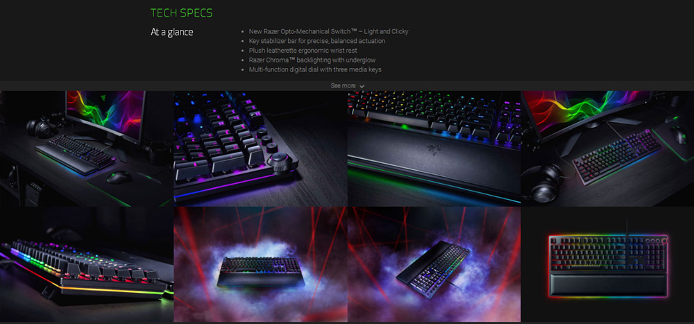 Razer Huntsman Elite Gaming Keyboard RGB Backlight Opto-Mechanical Switches With Leatherette Wrist Rest - Black