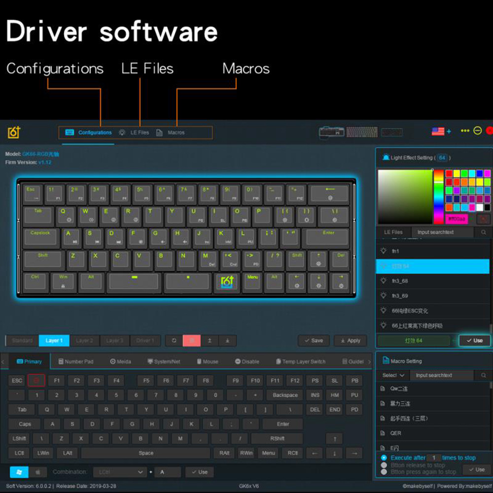 GK66 Bluetooth USB-C Dual Mode 66Key Split-Spacebar Hot-swappable RGB Mechanical Gaming Keyboard - Blue Switch