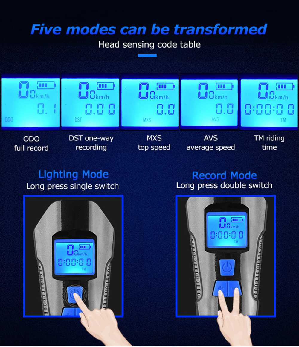 Waterproof Bicycle Light USB Charging With Horn Speed Meter LCD Screen - Blue