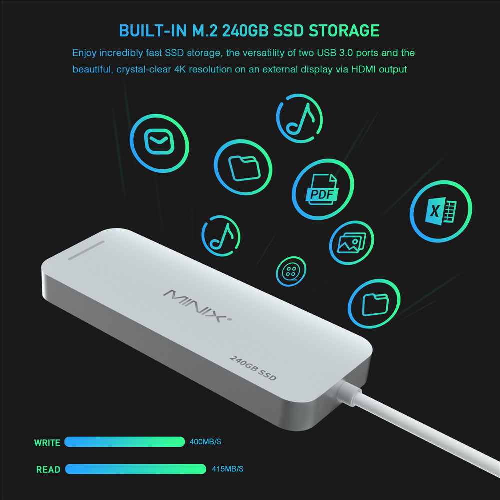 MINIX NEO C SSD USB-C Multiport Storage HUB With 240G SSD Type-C to HDMI + USB3.0 - Silver