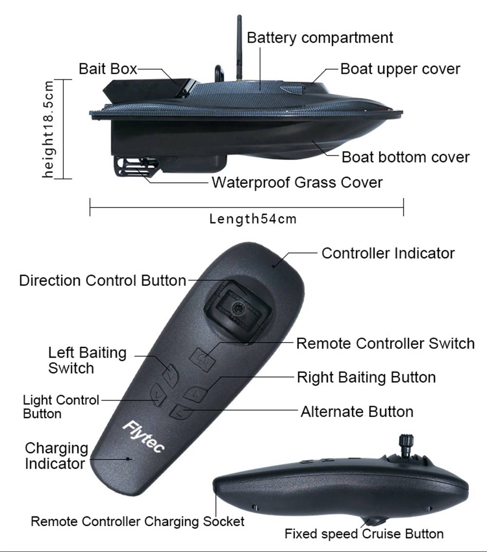 Flytec V007 2.4G Dual Motor Fishing Finder Bait RC Boat Black
