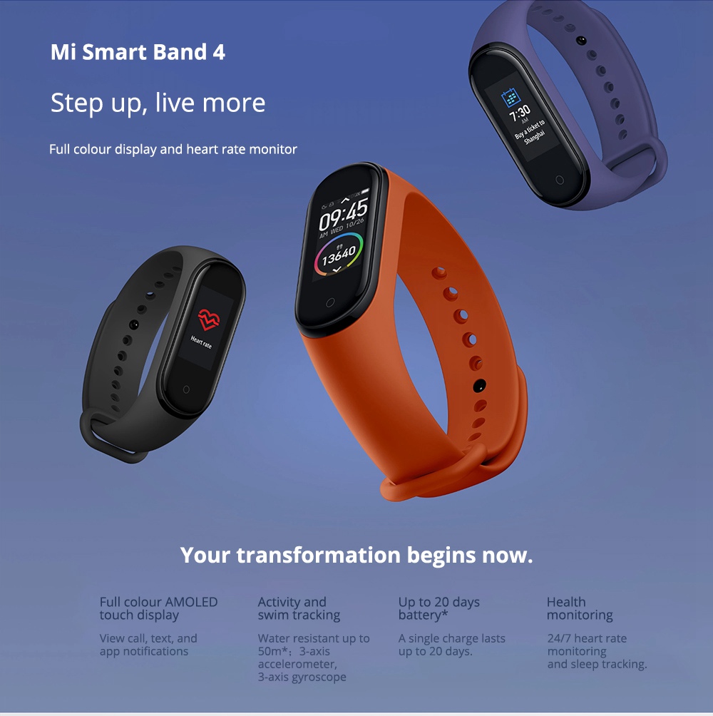 Xiaomi Mi Band 4 Smart Bracelet 0.95 Inch AMOLED Color Screen Built-in Multifunction Heart Rate Monitor 5ATM Water Resistant 20 Days Standby - Black