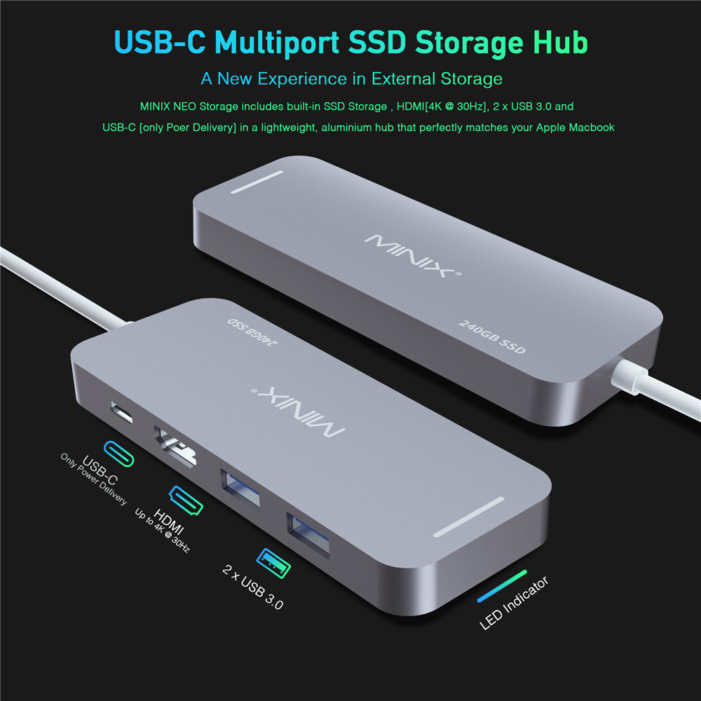 4K @ 30Hz 120GB Aluminum USB-C Multiport SSD Storage Hub Space Gray 2 x USB 3.0 and USB-C for Power Delivery Built-in M.2 SSD Storage with HDMI MINIX NEO Storage Compatible for Apple MacBook. 